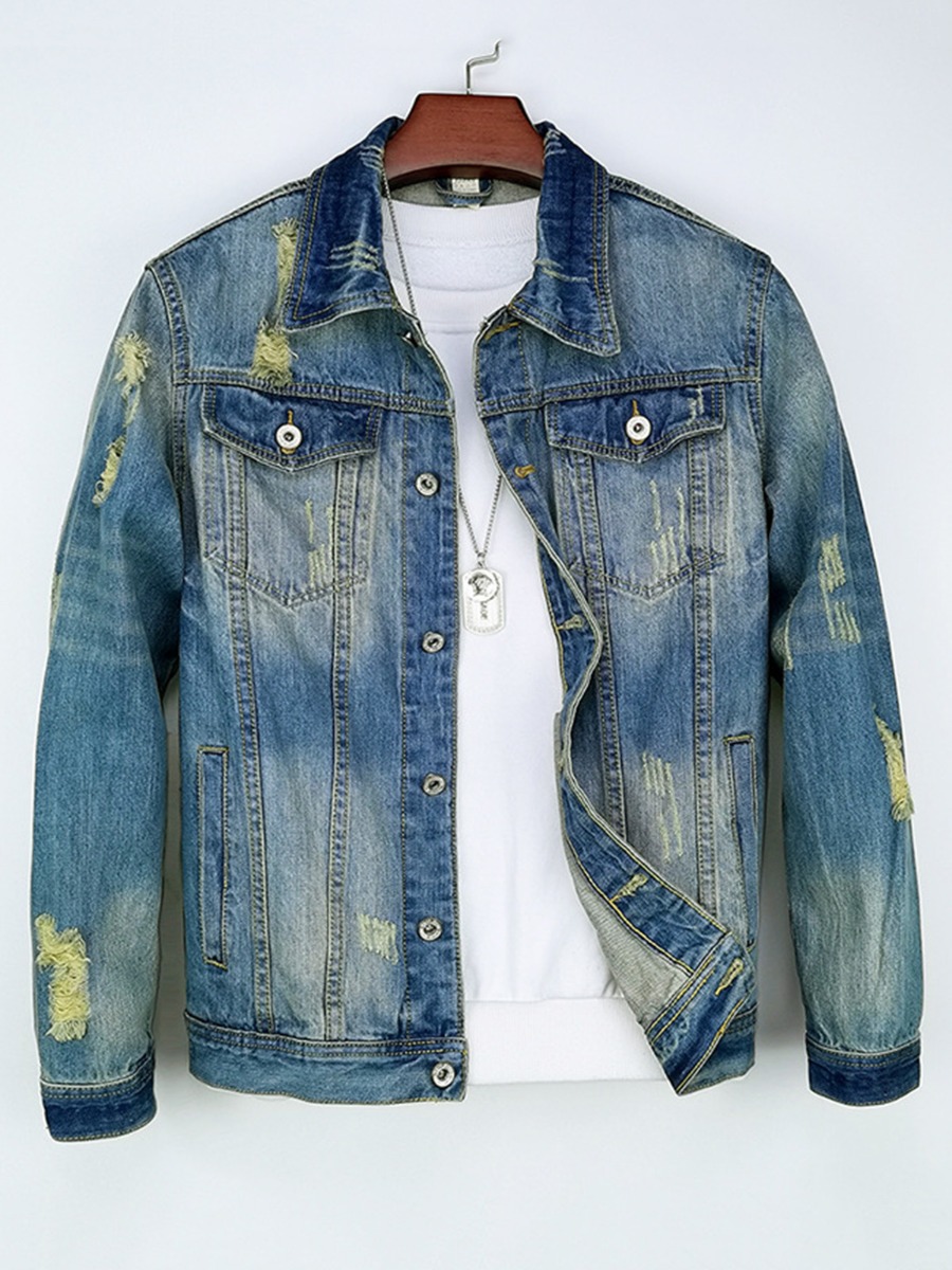 Single Breasted Frayed Distressed Denim Jacket 