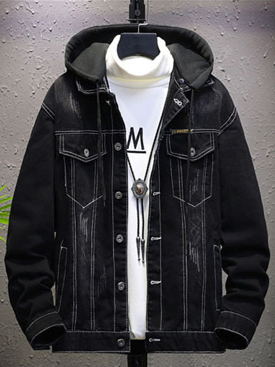  Letter Embroidered Plush Lined Ripped Hooded Denim Jacket 