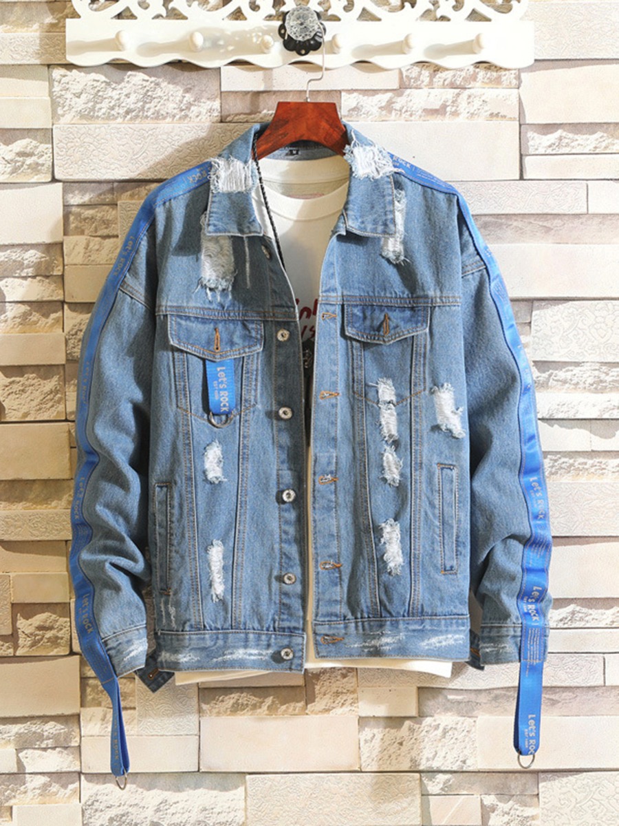  Letter Strap Decor Ripped Denim Jacket 